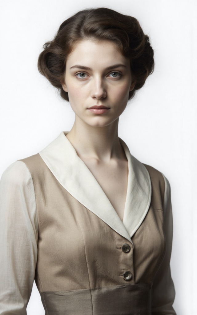 A French female model wearing a dress with a Shawl collar, white background, front   facing bust portrait